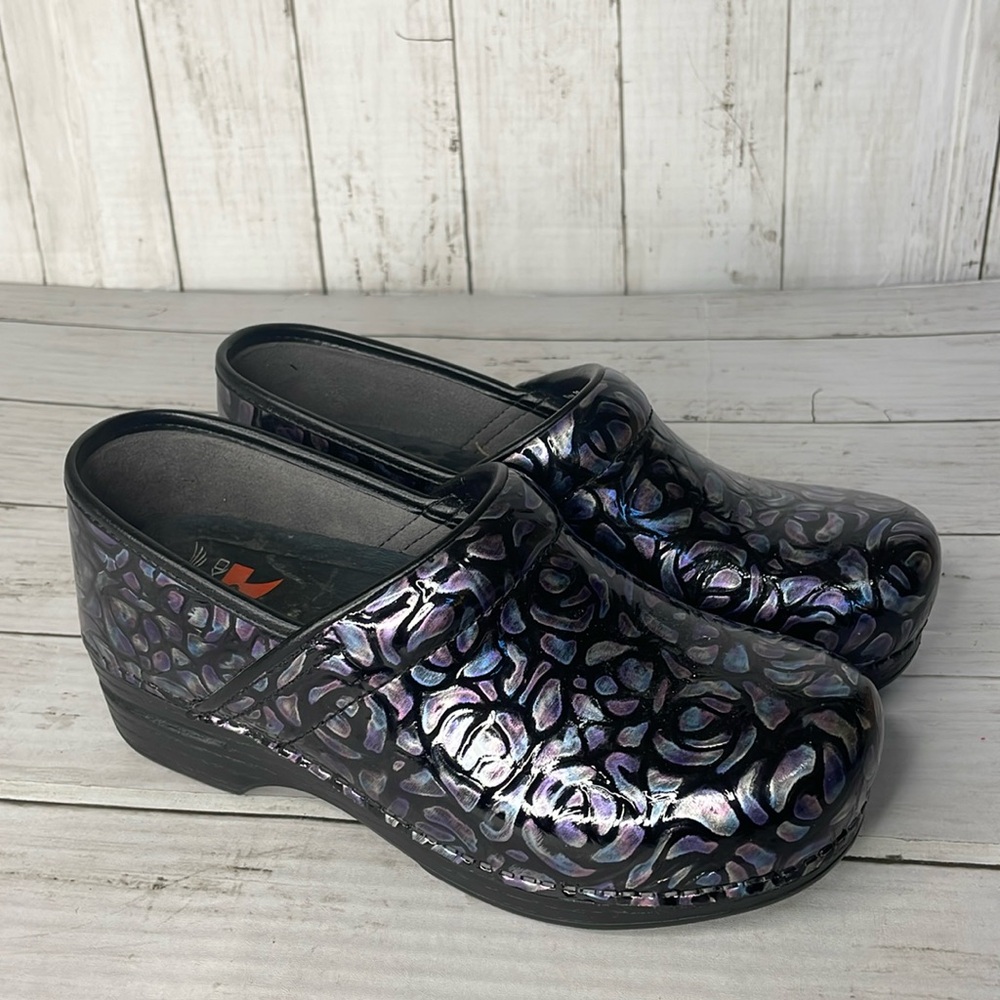 Dansko Iridescent Black and Purple Clogs